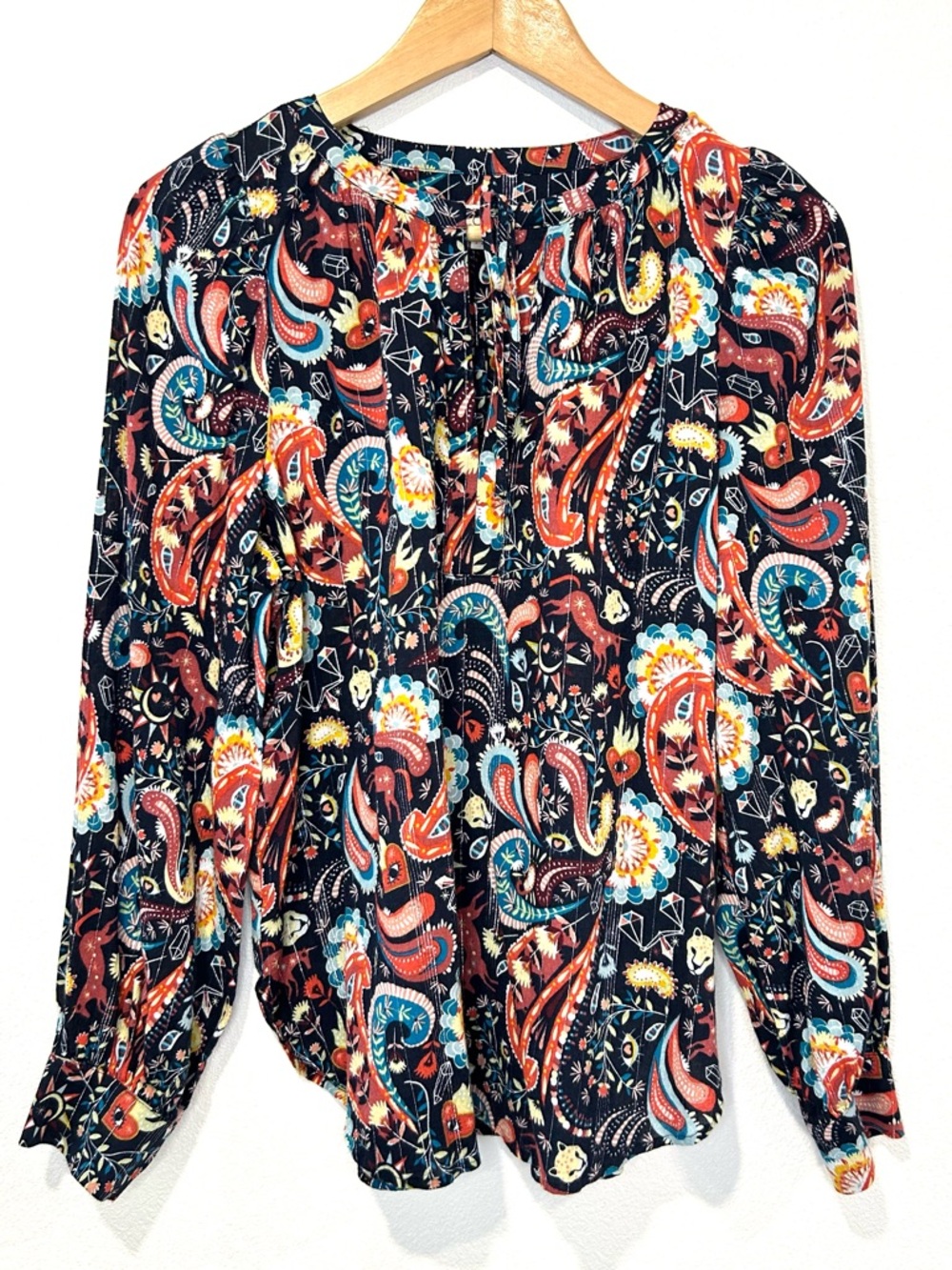 LOFT Shimmer Paisley Tie Neck Blouse Evil Eye Sacred Heart Unicorn Puff Sleeve S